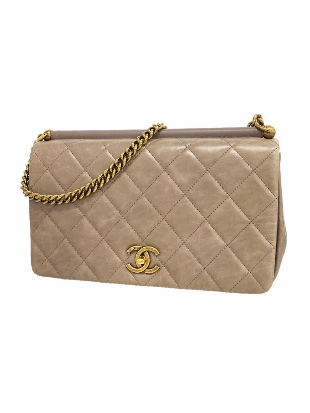 Chanel Shoulder Bag Quilted Lambskin Greige Gold